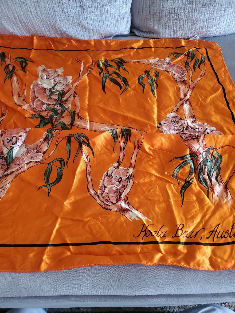 Royal Satin Koala Bear Vontage  Print Orange Scarf 15"×15" Australia Womens